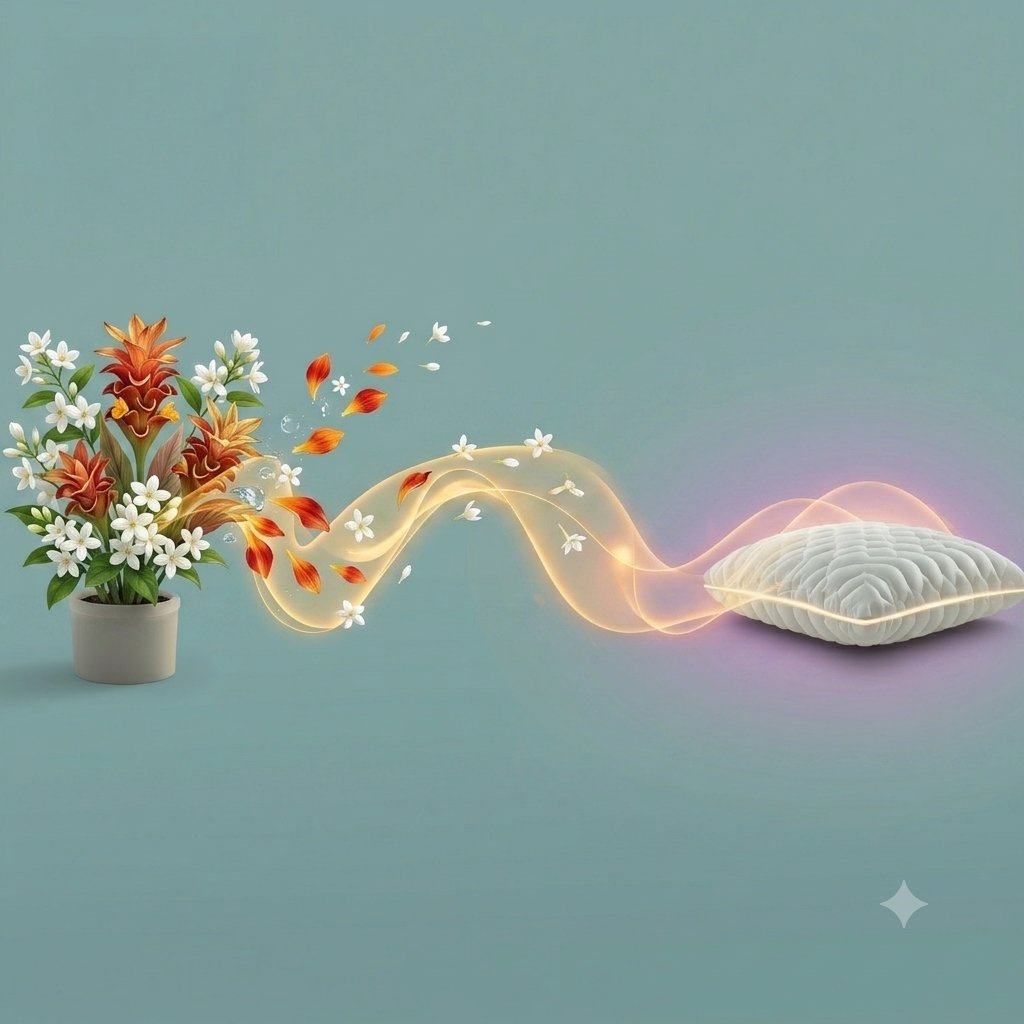 Conceptual illustration of jasmine and turmeric flowers with an essential oil wave flowing into a pillow