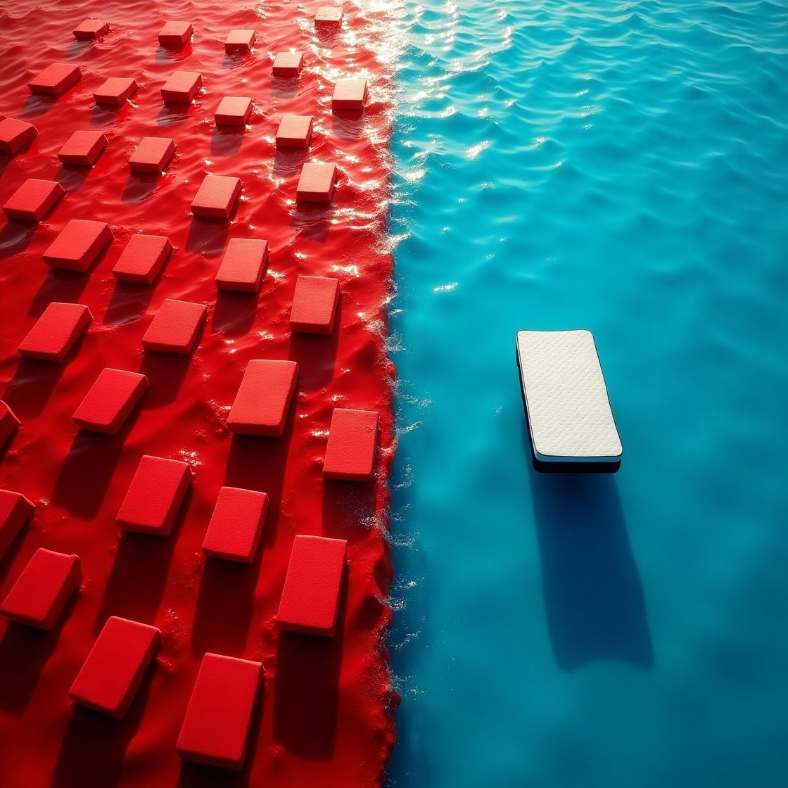 Conceptual image of a red field of commodity foam blocks beside a single differentiated mattress floating in blue water
