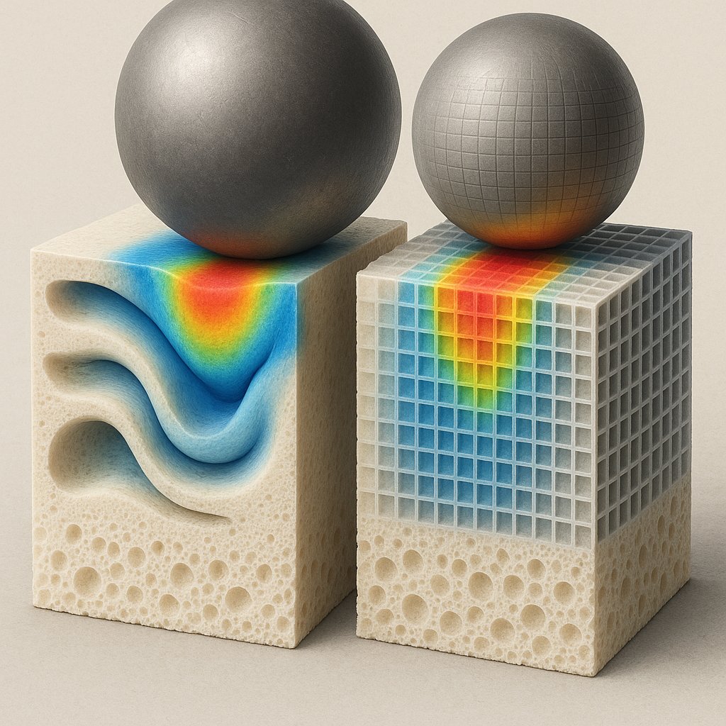 Conceptual illustration of a pressure response flowing freely versus the same response constrained into a rigid grid